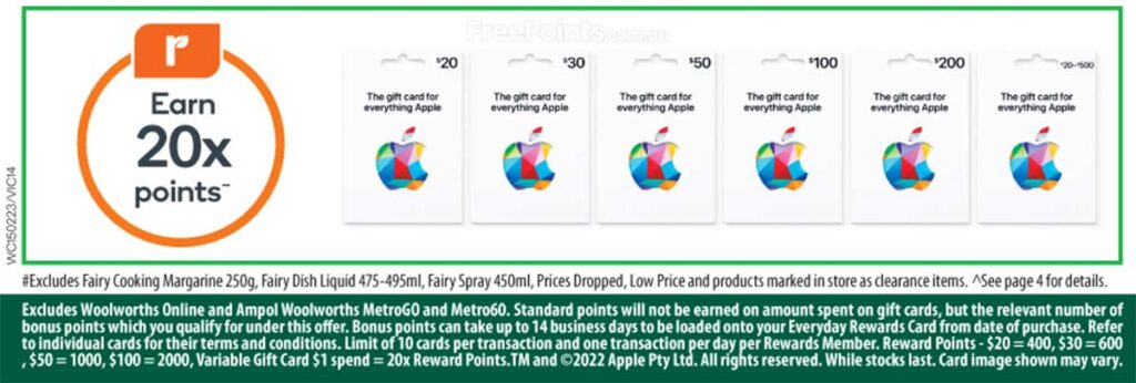 20x Everyday Rewards points on Apple gift cards @ Woolworths (15