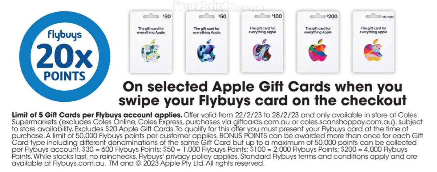 20x Flybuys Points with Apple Gift Card (Limit 50,000 Pts/Account, Excludes  $20 GC) @ Coles : r/OzBargainNew