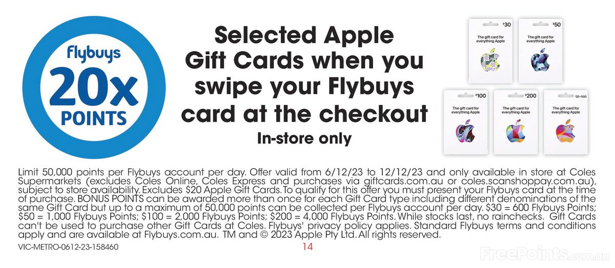 20x Flybuys Points On Apple Gift Cards Coles (offer Ends 11